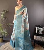 Blue floral woven design sareewith unstitched blouse piece