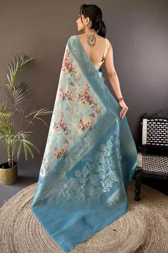 Blue floral woven design sareewith unstitched blouse piece