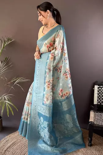 Blue floral woven design sareewith unstitched blouse piece