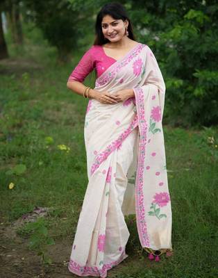 White ethnic motifs zari muga saree with blouse piece 1