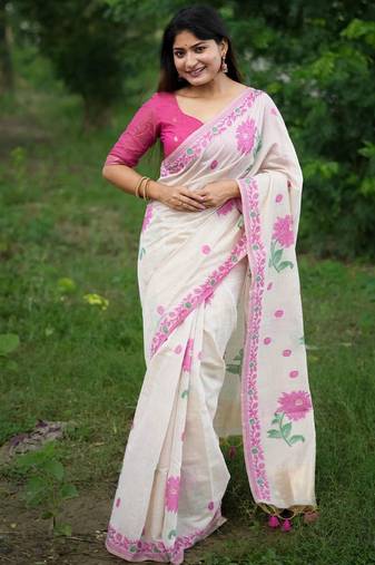 White ethnic motifs zari muga saree with blouse piece