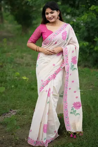 White ethnic motifs zari muga saree with blouse piece