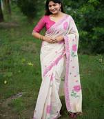 White ethnic motifs zari muga saree with blouse piece