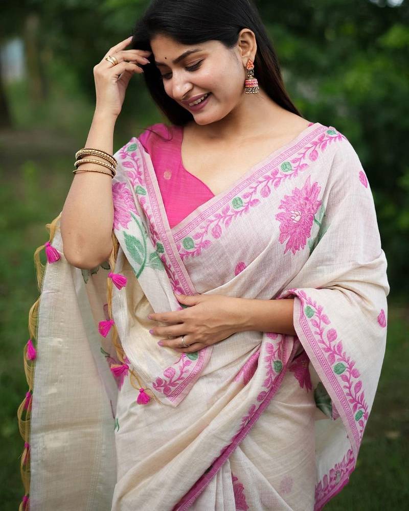 White ethnic motifs zari muga saree with blouse piece