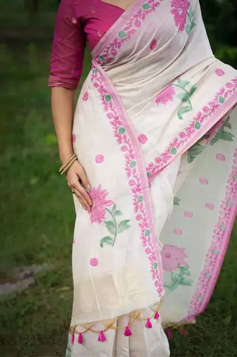 White ethnic motifs zari muga saree with blouse piece