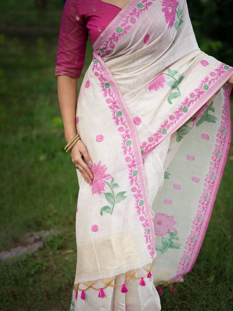White ethnic motifs zari muga saree with blouse piece