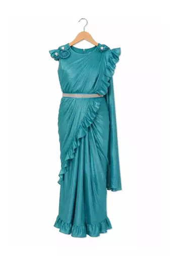 Teal girls net banarasi saree