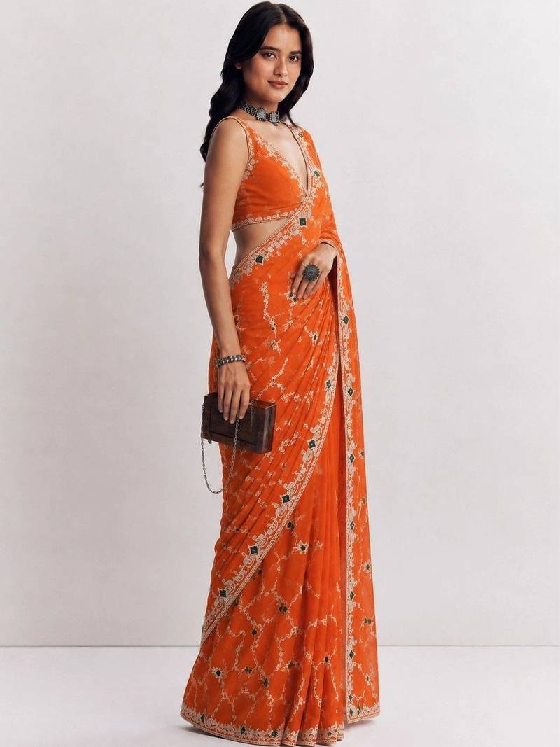 Orange ethnic motifs embroidered satin heavy work saree