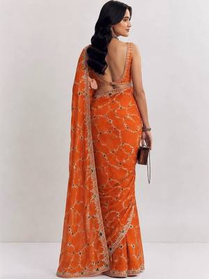 Orange ethnic motifs embroidered satin heavy work saree 2
