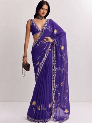 Purple floral embroidered satin designer saree 1
