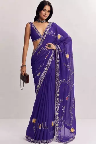 Purple floral embroidered satin designer saree