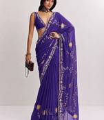 Purple floral embroidered satin designer saree