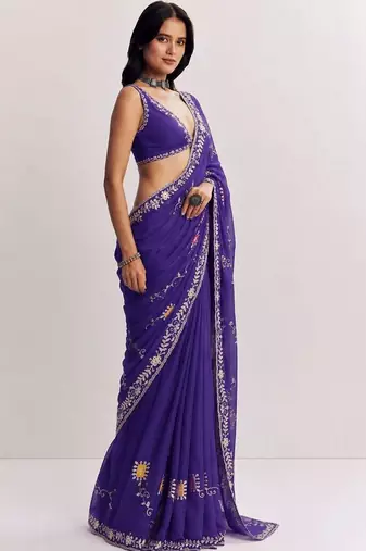 Purple floral embroidered satin designer saree