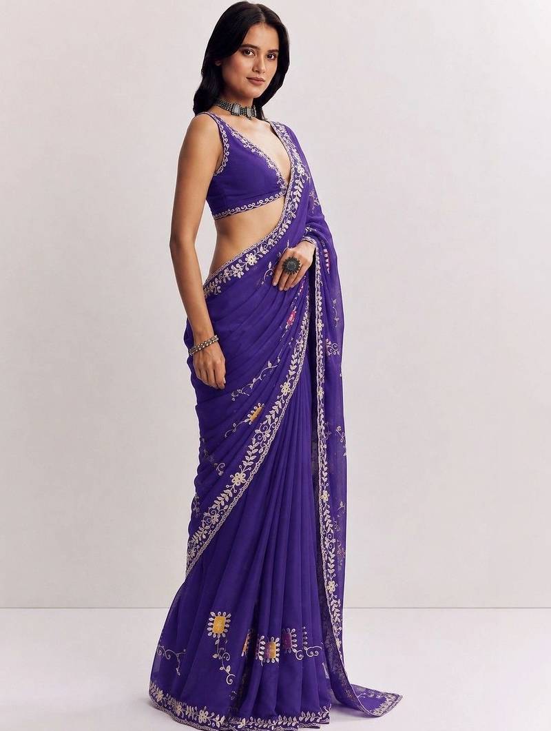 Purple floral embroidered satin designer saree
