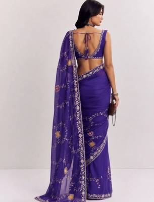Purple floral embroidered satin designer saree 3
