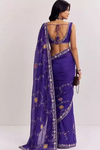 Purple floral embroidered satin designer saree