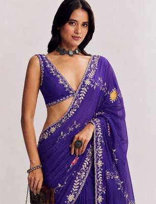 Purple floral embroidered satin designer saree 4
