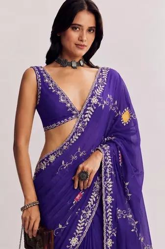 Purple floral embroidered satin designer saree