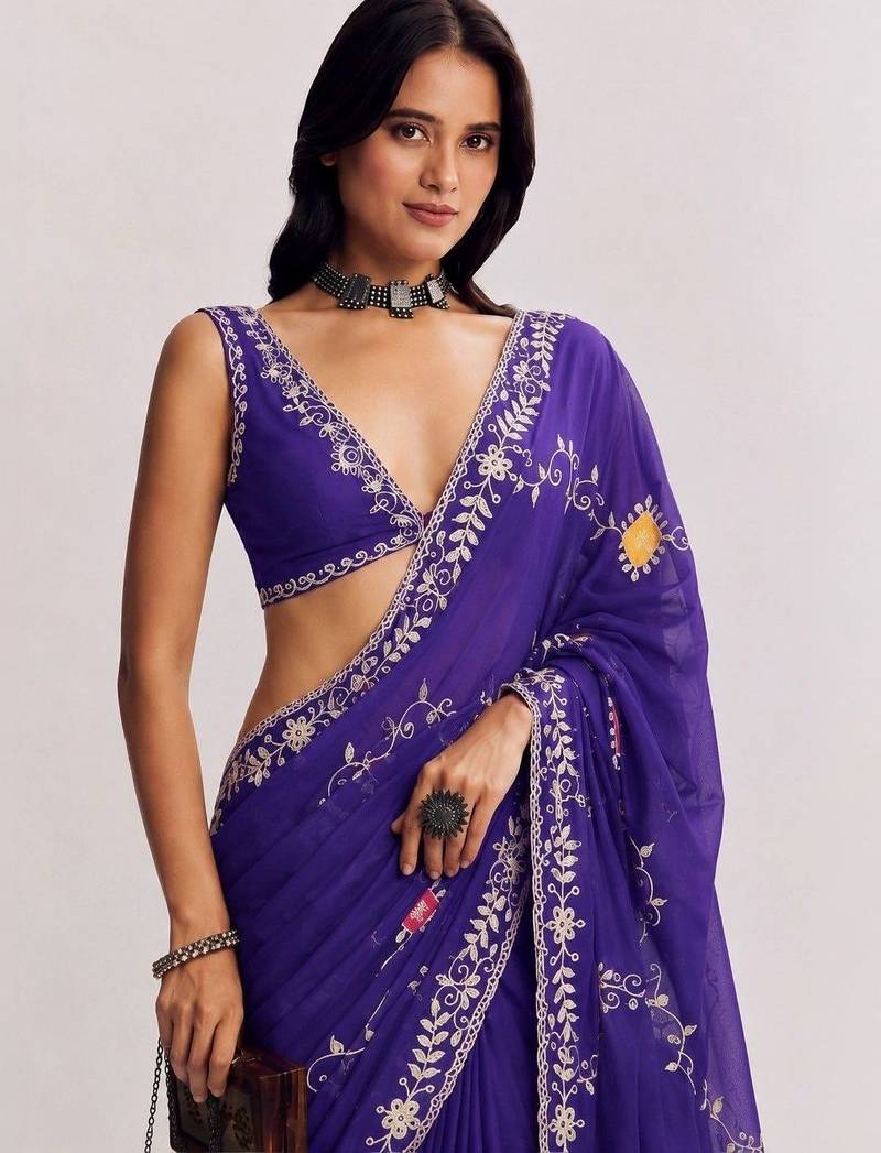 Purple floral embroidered satin designer saree