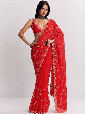 Red floral embroidered satin saree 1