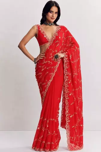 Red floral embroidered satin saree