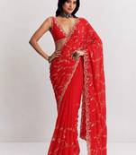 Red floral embroidered satin saree