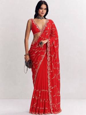 Red floral embroidered satin saree 2