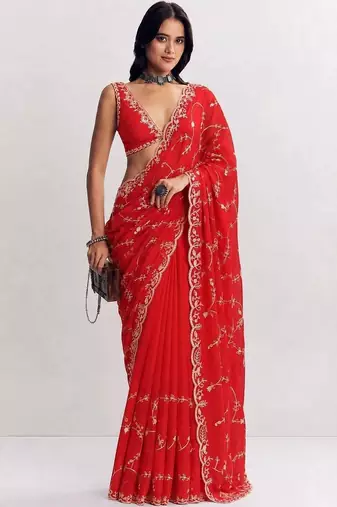 Red floral embroidered satin saree