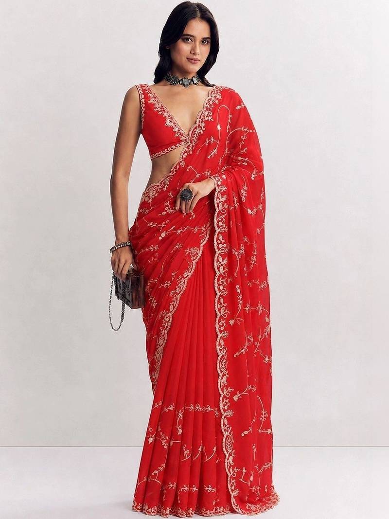 Red floral embroidered satin saree