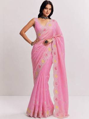 Pink paisley embroidered satin saree 1