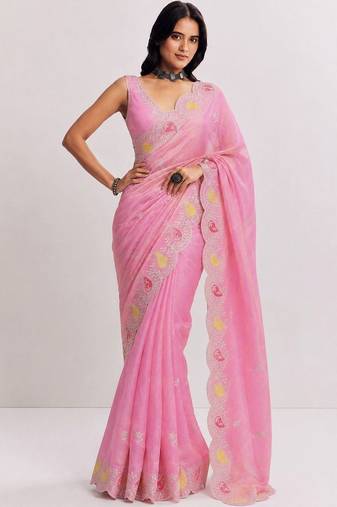 Pink paisley embroidered satin saree