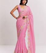 Pink paisley embroidered satin saree
