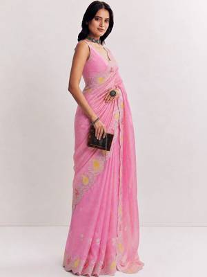 Pink paisley embroidered satin saree 2