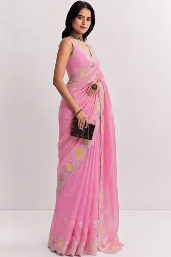 Pink paisley embroidered satin saree