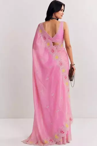 Pink paisley embroidered satin saree