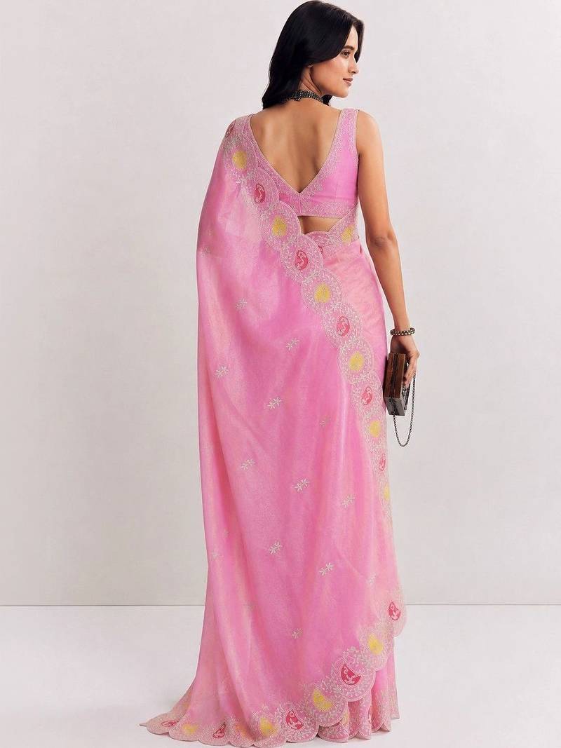 Pink paisley embroidered satin saree