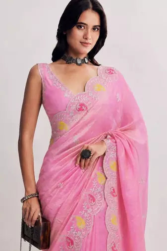 Pink paisley embroidered satin saree
