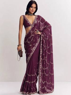 Purple ethnic motifs embroidered satin saree 1
