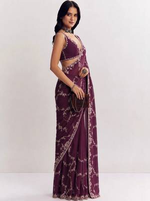 Purple ethnic motifs embroidered satin saree 2