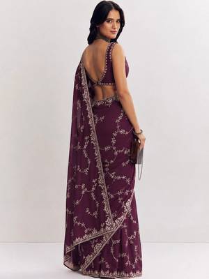 Purple ethnic motifs embroidered satin saree 3