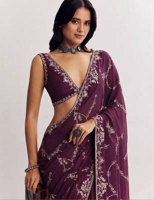 Purple ethnic motifs embroidered satin saree 4