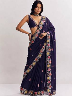 Navy blue floral embroidered satin heavy work saree 1