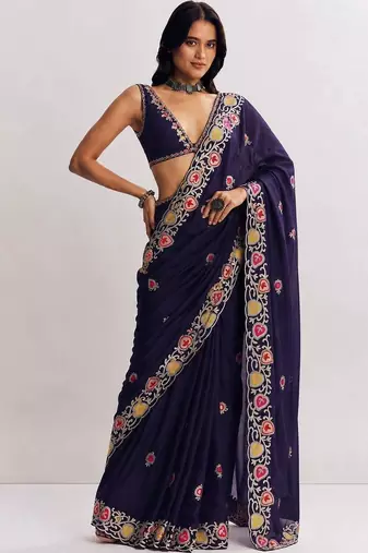 Navy blue floral embroidered satin heavy work saree
