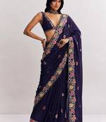 Navy blue floral embroidered satin heavy work saree