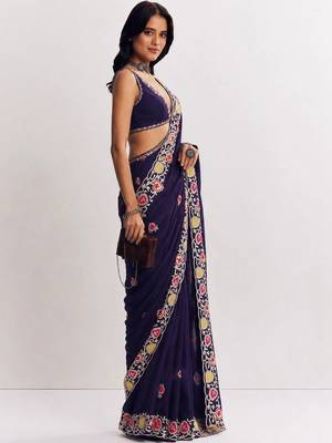 Navy blue floral embroidered satin heavy work saree 2
