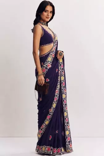 Navy blue floral embroidered satin heavy work saree