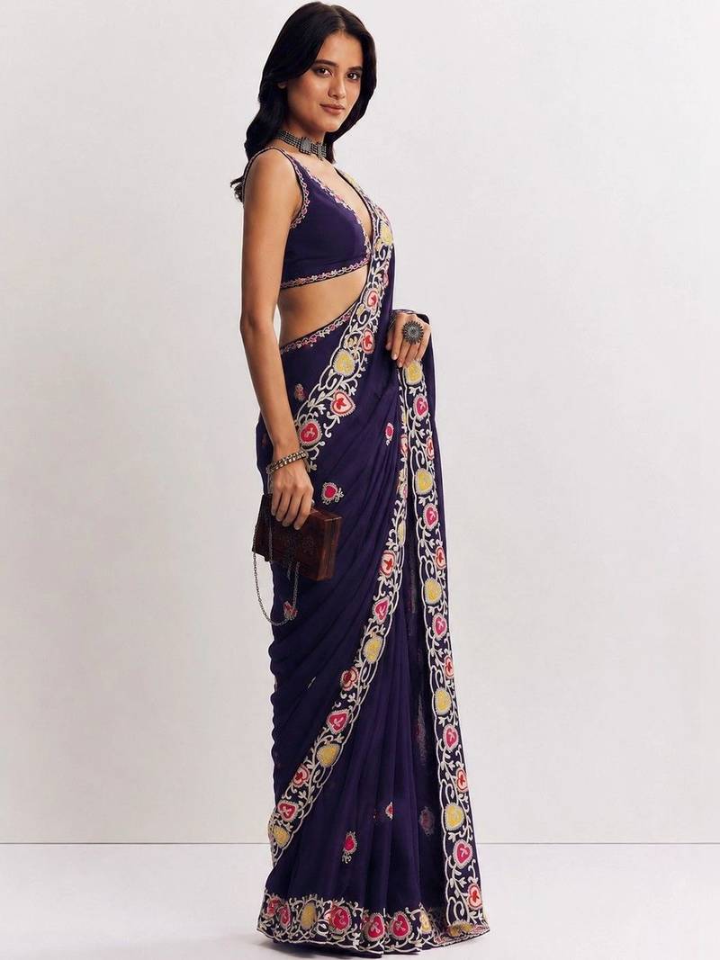 Navy blue floral embroidered satin heavy work saree