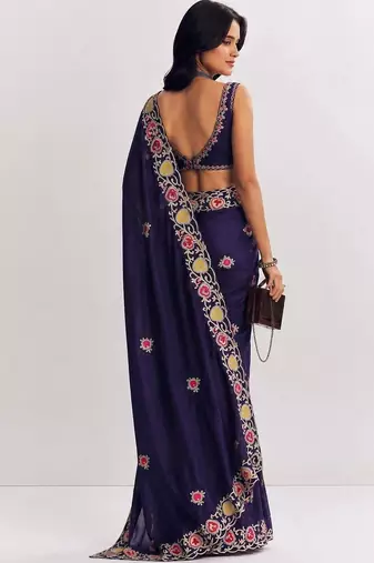Navy blue floral embroidered satin heavy work saree