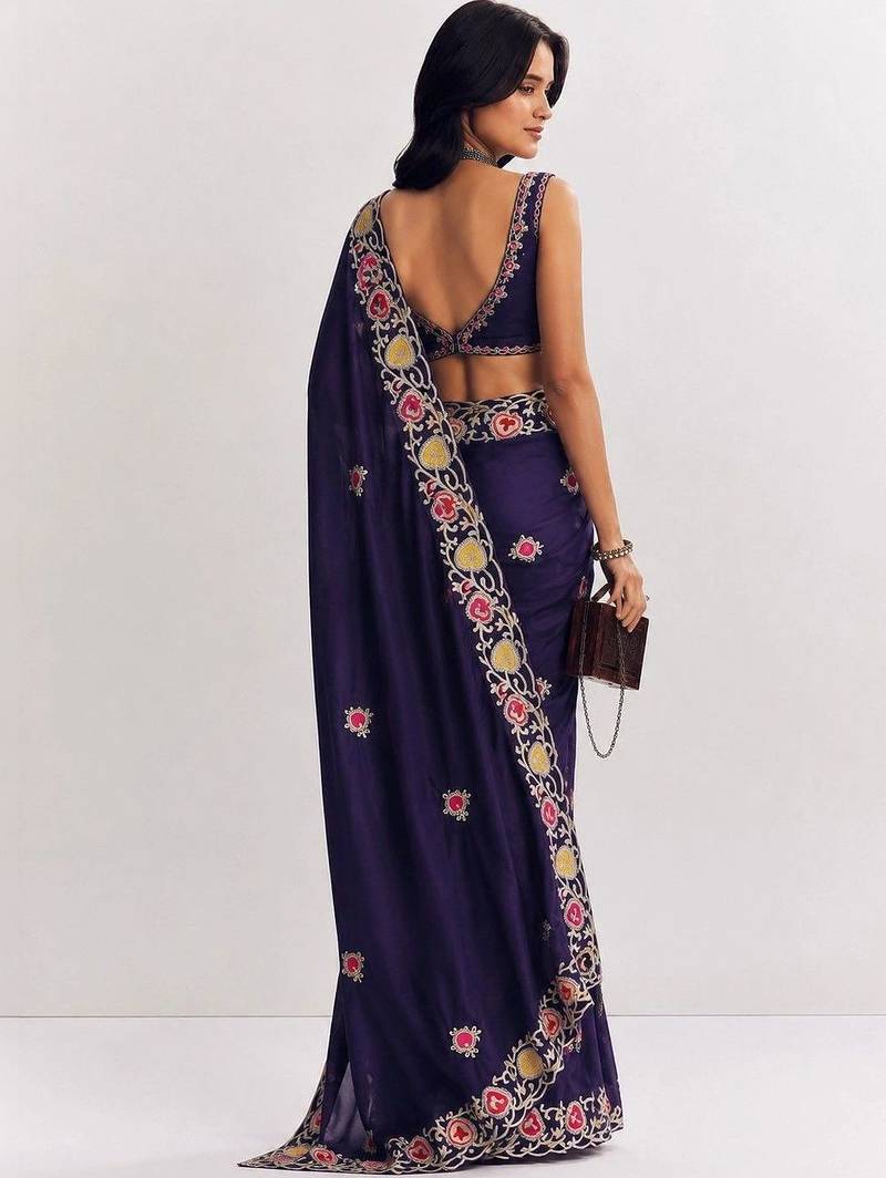 Navy blue floral embroidered satin heavy work saree