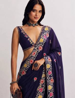 Navy blue floral embroidered satin heavy work saree 4